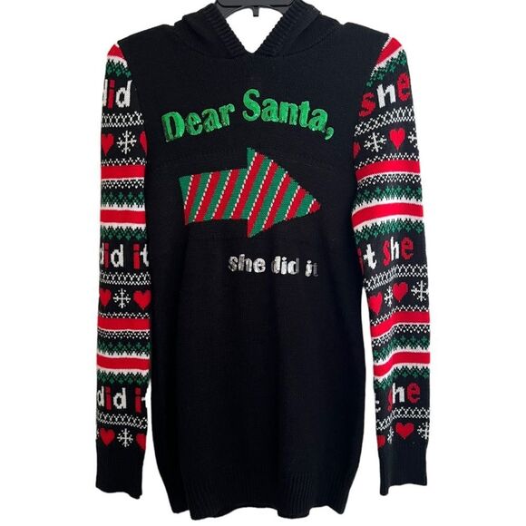😊 3/$30 “She did it" Dear Santa Sweater WomenSz M ugly Christmas Sweater w/hood - Picture 2 of 10